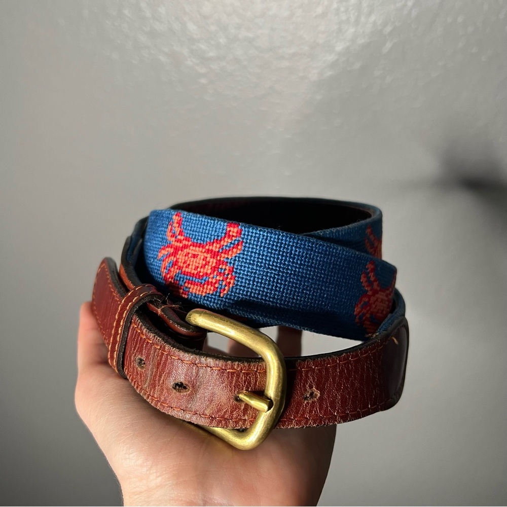 Brown Leather and Blue Canvas Belt with Red Crab Design